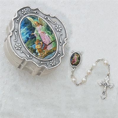 GUARDIAN ANGEL PEARL ROSARY W/BOX