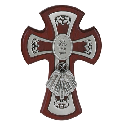 6" CHERRY/PEWTER CROSS GIFTS OF THE HOLY SPIRIT