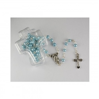 BLUE PEARL ROSARY IN CROSS BOX