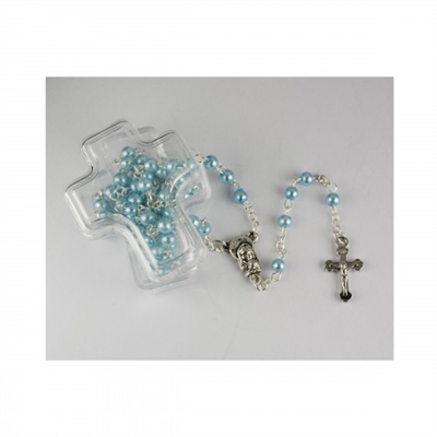 BLUE PEARL ROSARY IN CROSS BOX