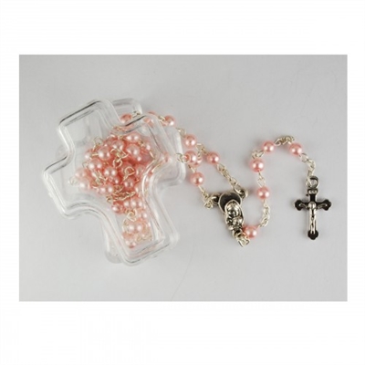 PINK PEARL ROSARY IN CROSS BOX