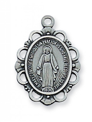 Antique Silver Miraculous Medal 18" Chain & Box