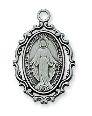 Antique Silver Miraculous Medal 18" Chain & Box
