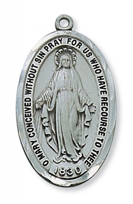 Antique Silver Miraculous Medal 24" Chain & Box