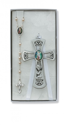 PEWTER GIRL CROSS WITH GUARDIAN ANGEL PEARL ROSARY SET
