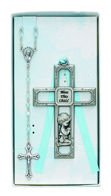 PEWTER BOY CROSS & ROSARY SET
