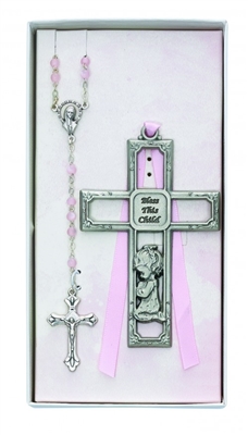 PEWTER GIRL CROSS & ROSARY SET