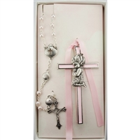 PINK GIRL CROSS & SHELL ROSARY