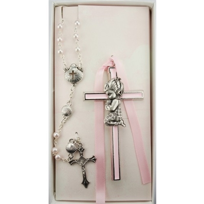 PINK GIRL CROSS & SHELL ROSARY