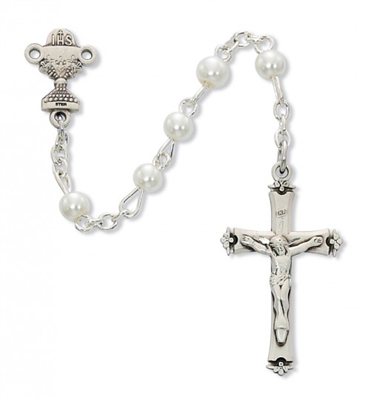 STERLING SILVER 5MM WHITE PEARL COMM ROSARY
