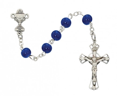 STERLING SILVER 5MM BLUE GLASS COMMUNION ROSARY