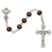 STERLING SILVER 6MM BROWN WOOD ROSARY