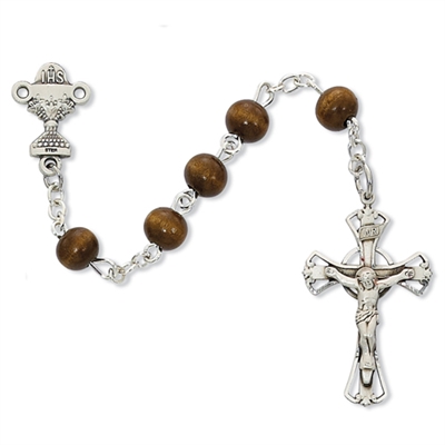 STERLING SILVER 6MM BROWN WOOD ROSARY