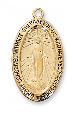 Gold Over Sterling Silver Miraculous Medal 18" Chain & Box