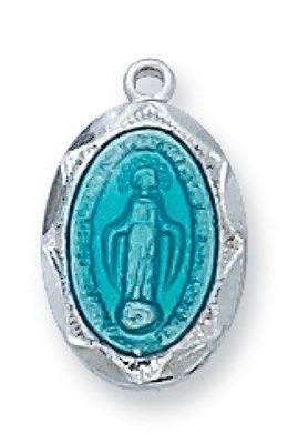 Sterling Silver Blue Miraculous Medal Medal 16" Chain & Box