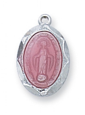 Sterling Silver Pink Miraculous Medal Medal 16" Chain & Box