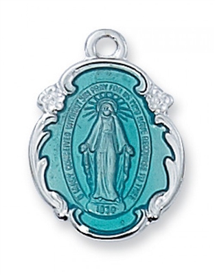 Sterling Silver Miraculous Medal Blue 18" Sr Chain & Box