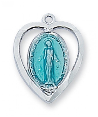 Sterling Silver Blue Miraculous Medal 18" Chain & Box