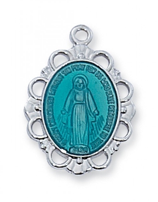 Sterling Silver Blue Miraculous Medal Medal 18" Chain & Box