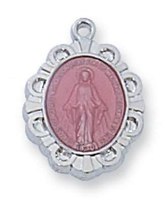 Sterling Silver Pink Miraculous Medal 16" Chain & Box