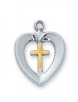 STERLING SILVER TUTONE HEART CROSS 16" CHAIN & BOX