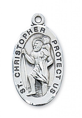 STERLING SILVER OVAL ST. CHRISTOPHER 24" CHAIN & BOX