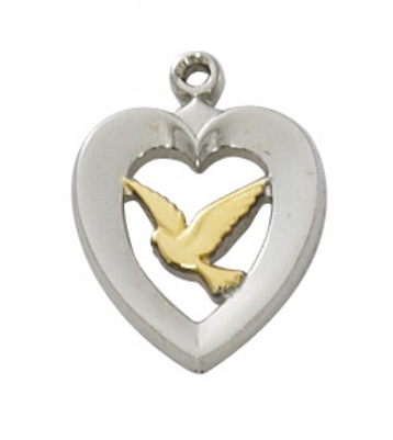 SS TUTONE HEART W/DOVE 18"CHAIN &B
