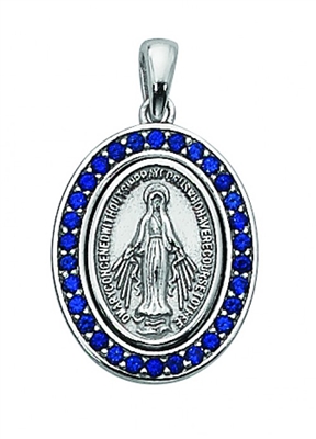 Sterling Silver Blue Stone Miraculous Medal 18" Chain & Box