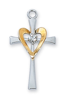 STERLING SILVER CROSS W/GLD HEART 18" CHAIN