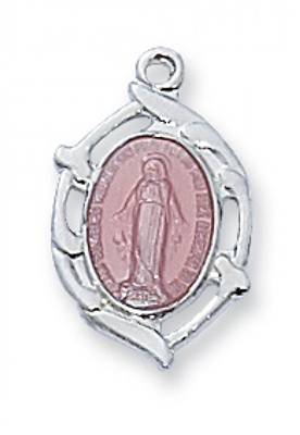 Sterling Silver Miraculous Medal Pink 16" Chain & Box