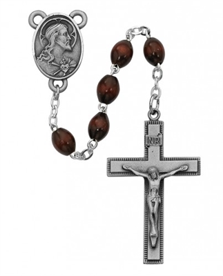 STERLING SILVER BROWN WOOD ROSARY