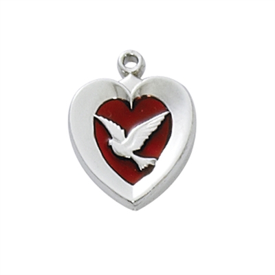 RHODIUM FINISHED RED ENAMEL HEART W/DOVE 18"