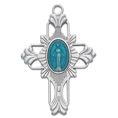 Rhodium Finish Enamel Miraculous Medal 20" Chain & Box