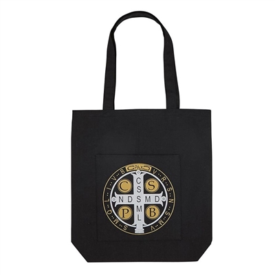 St. Benedict Tote Bag with Pocket, Black Canvas