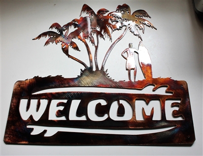 Palm Tree Surfer Welcome Metal Wall Art