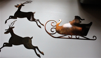 Santa Sleigh and Two Reindeer Metal Wall Art Decor