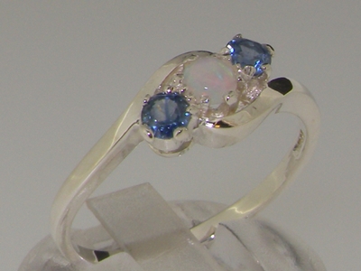 Elegant Sterling Silver Natural Australian Opal and Sapphire Trilogy Ring