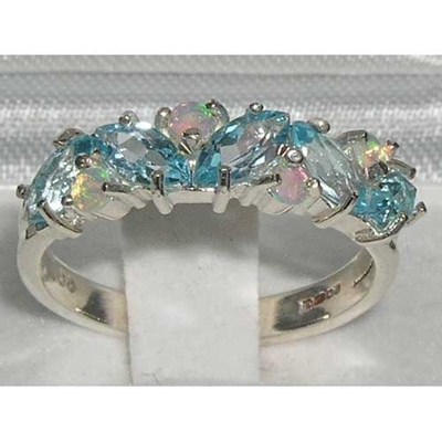 Elegant Sterling Silver Marquise Blue Topaz and Opal Half Eternity Ring