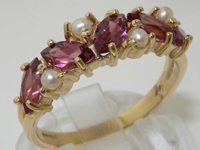 Stunning 9K Yellow Gold Marquise Rhodolite Garnet and Pearl Half Eternity Ring