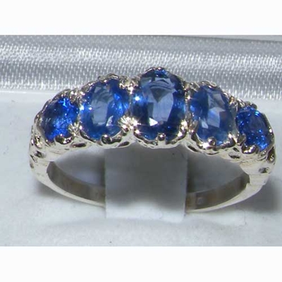 Exquisite 18K White Gold Ceylon Sapphire Five Stone Victoriana Design Ring