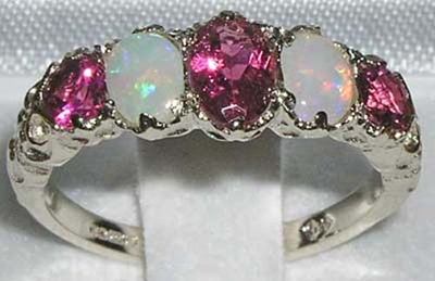 Colourful 14K White Gold Pink Tourmaline and Opal Five Stone Ring