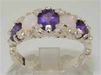 Beautiful 10K White Gold Amethyst and Opal Five Stone Ornate Design Ring