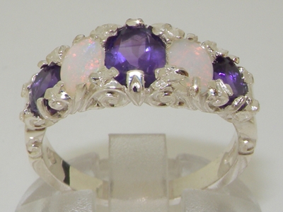 Beautiful 10K White Gold Amethyst and Opal Five Stone Ornate Design Ring