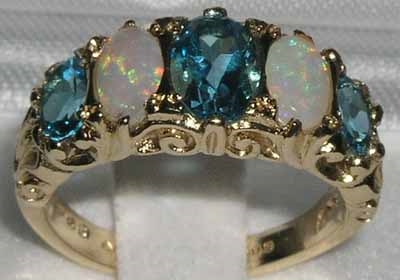 Elegant 14K Yellow Gold Blue Topaz and Opal Victorian Design Ring