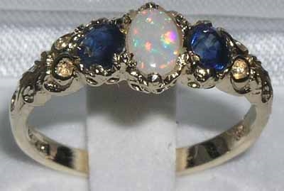 Elegant 10K Yellow Gold Opal and Sapphire trilogy Ring