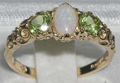 Elegant 10K Yellow Gold Opal and Peridot Trilogy Ring