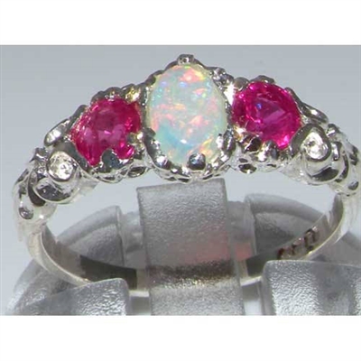 Exquisite 18K White Gold Opal & Ruby Trilogy Ring