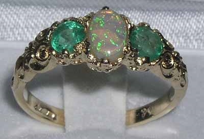 Exquisite 14K Yellow Gold Opal and Emerald Trilogy Ring