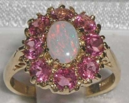 Elegant 14K Yellow Gold Opal and Pink Tourmaline Cluster Dress Ring