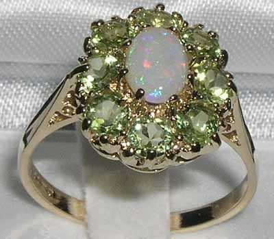 Beautiful 14K Yellow Gold Opal and Peridot Cluster Dress Ring